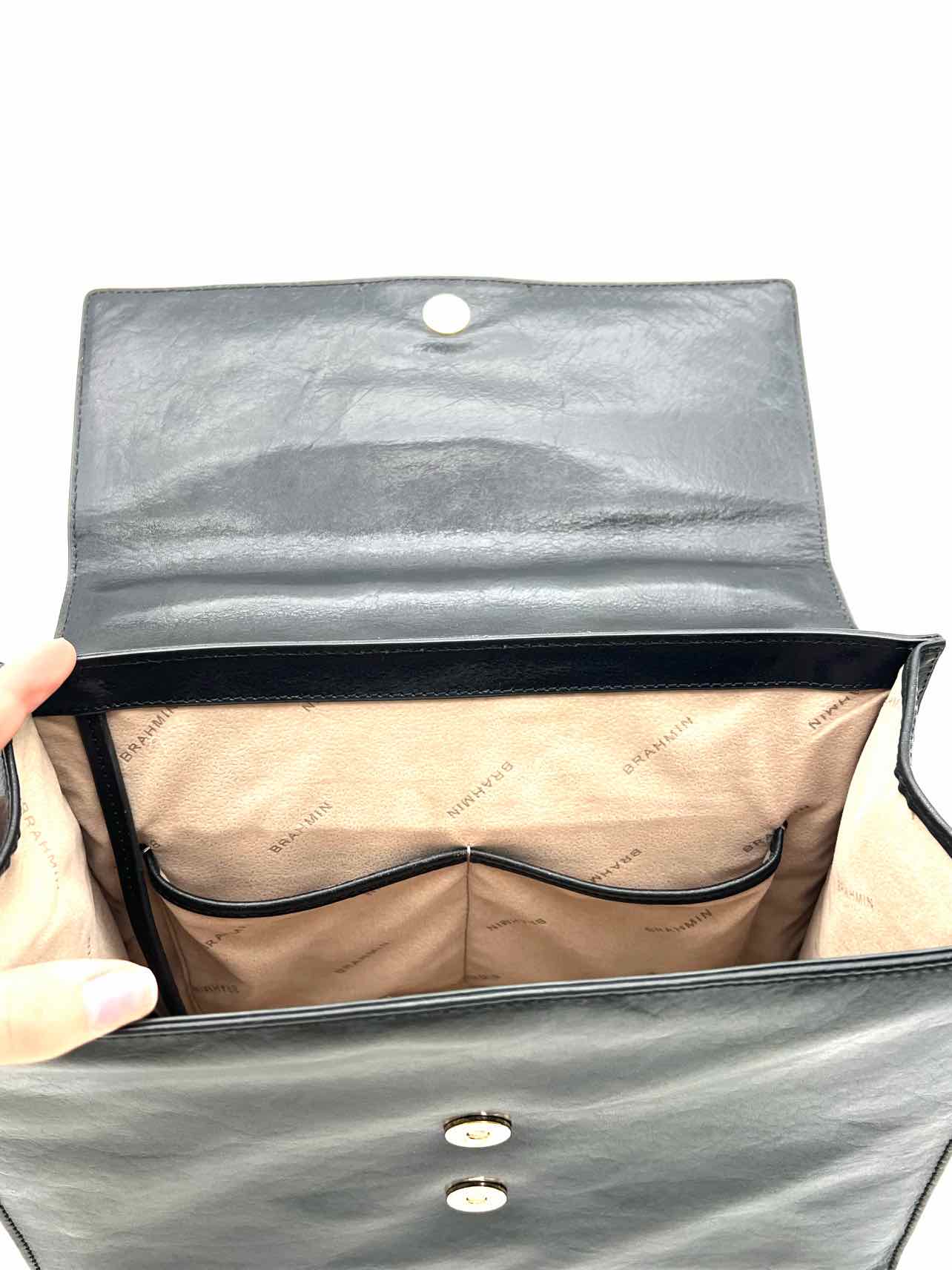 Brahmin Black/Gold Buckle Leather AS IS Designer Satchel - Image 6
