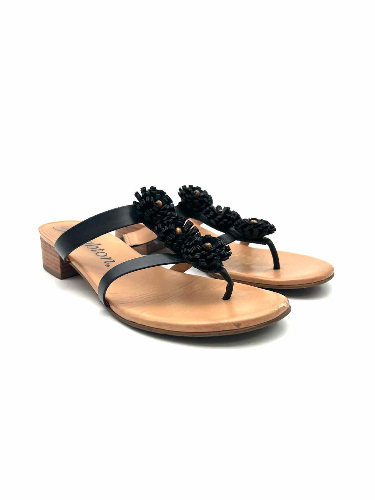 Brighton Size 8.5 Black Floral Applique Leather Designer Sandals Heels