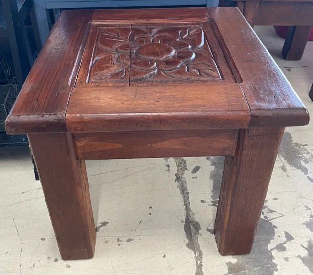 Brown Carved Wood Floral AS IS Furniture End Table