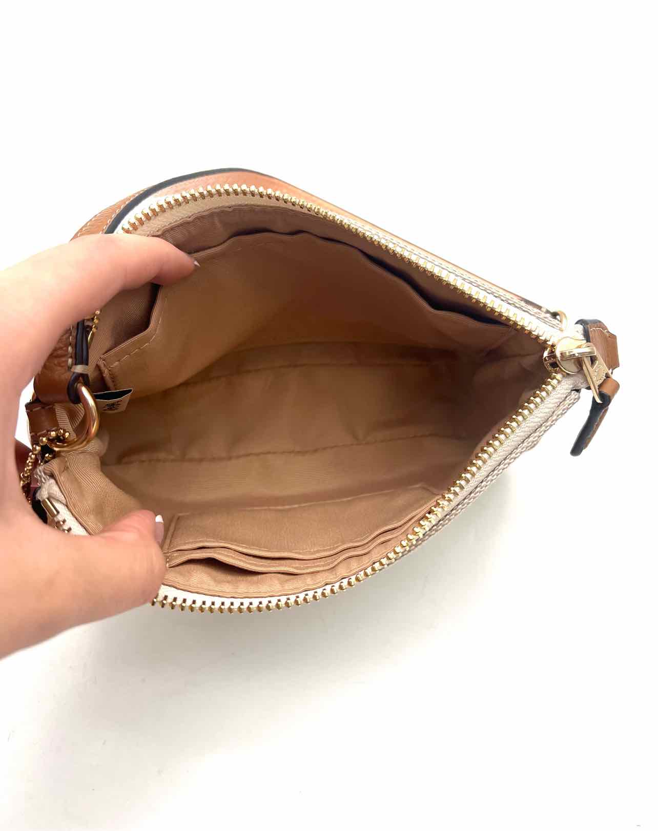 Coach Beige/Tan Colorblock Canvas/Leather AS IS Designer Wristlet - Image 4