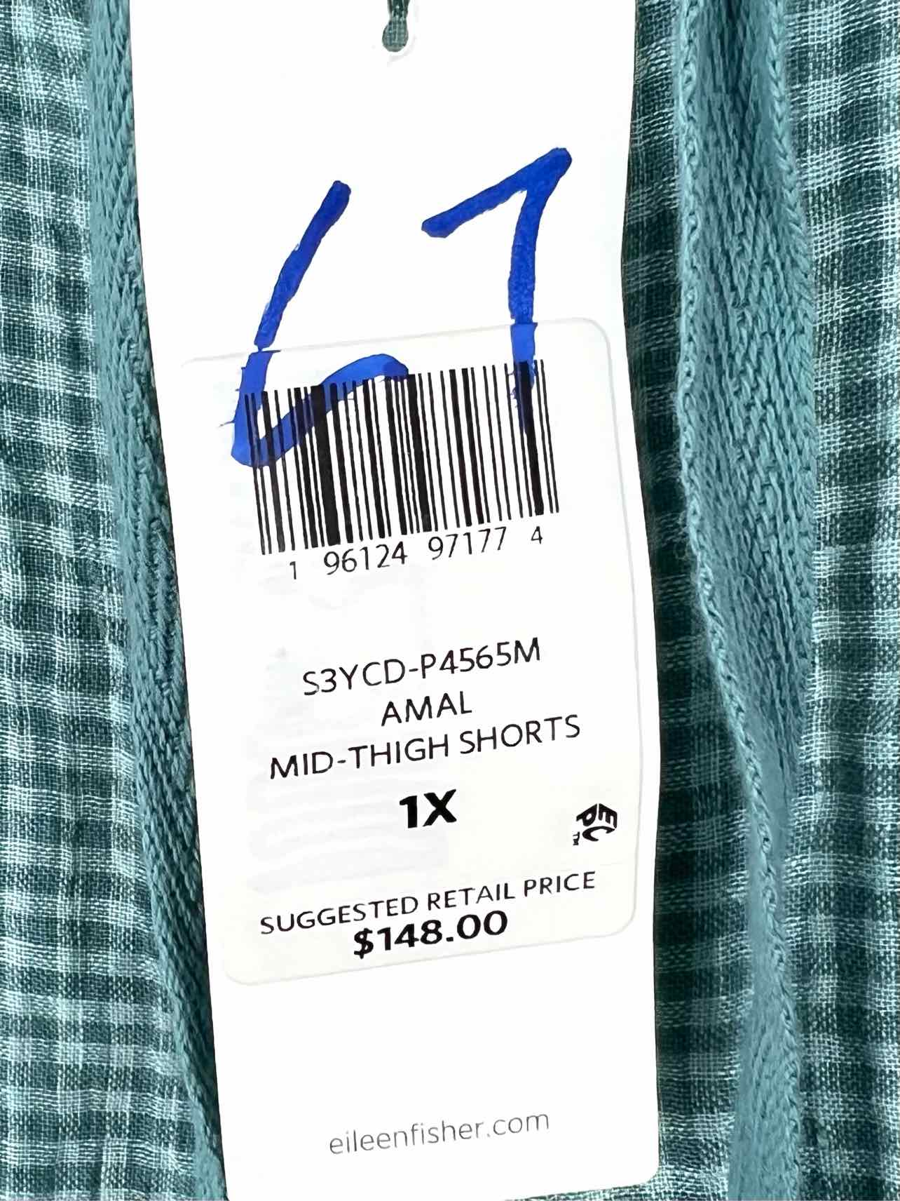 Eileen Fisher Size 1X Lt Blue/Teal Gingham Linen NEW PLUS Shorts-Plus - Image 4