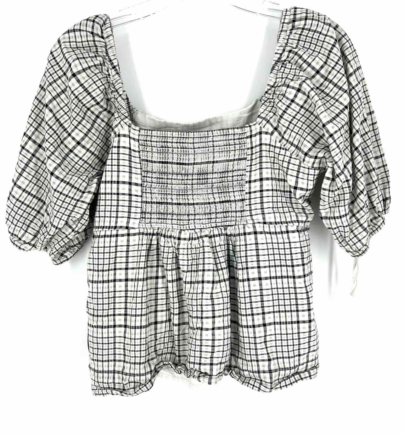 Free Assembly Size S Wh/Bk/Gry Plaid Babydoll Tops Top-Short Sleeve