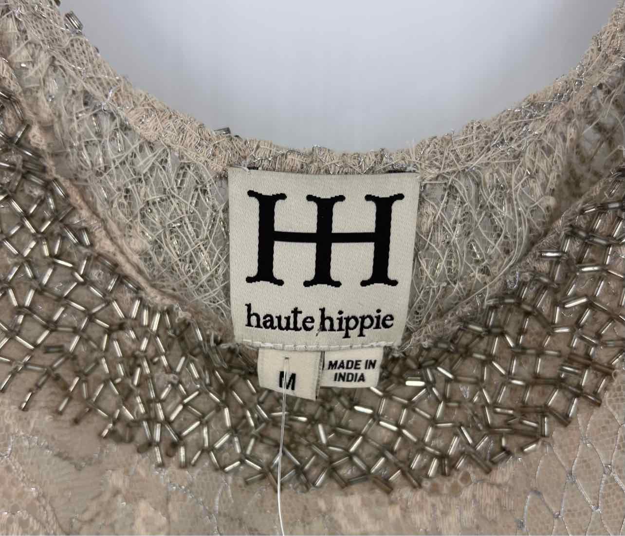 Haute Hippie Size M Beige/Silver Floral Lace Beaded Designer Top-Sleeveless - Image 3
