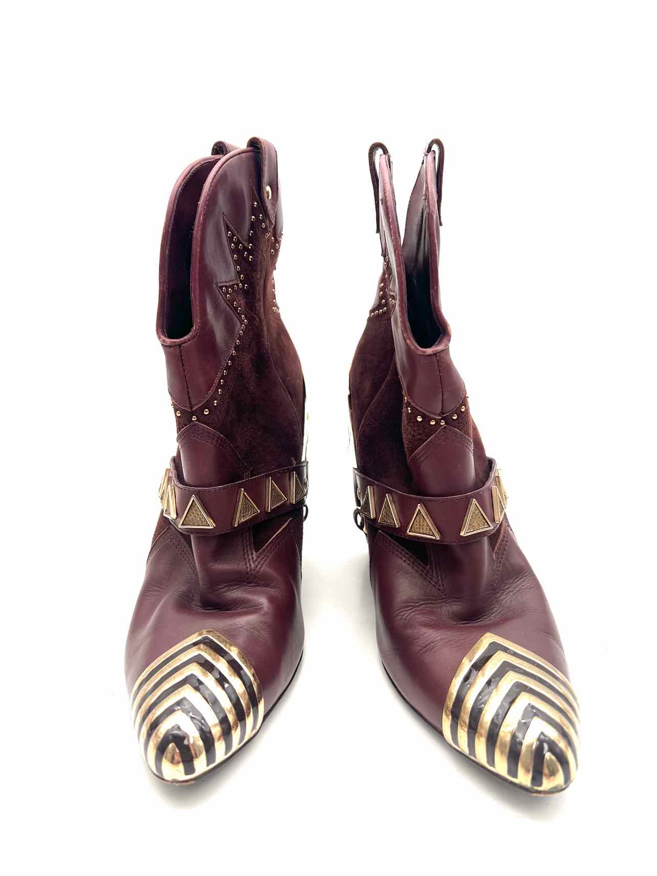 Ivy Kirzhner Size 8.5 Wine/Gold Embellished Leather/Suede Designer Ankle Boots - Image 2