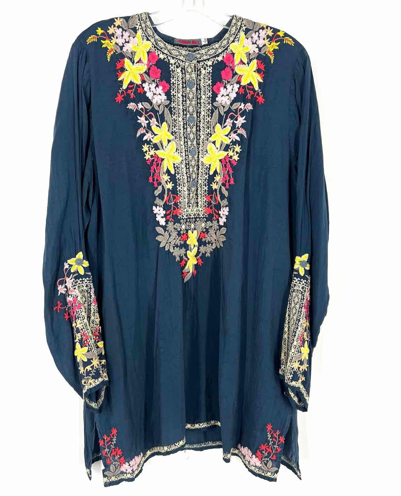 Johnny Was Size L Navy/Multi Embroidered Floral Designer Tunic