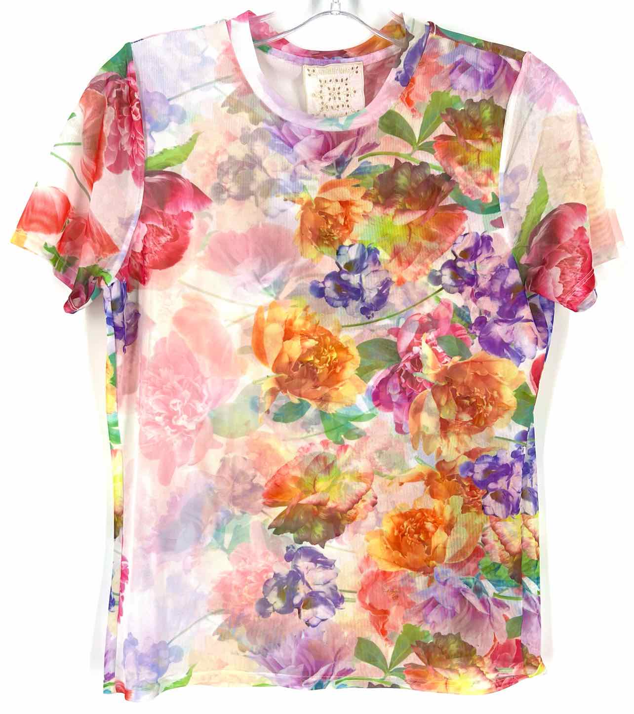 Jade by Johnny Was Size M White/Multi Mesh Floral Designer Top-Short Sleeve