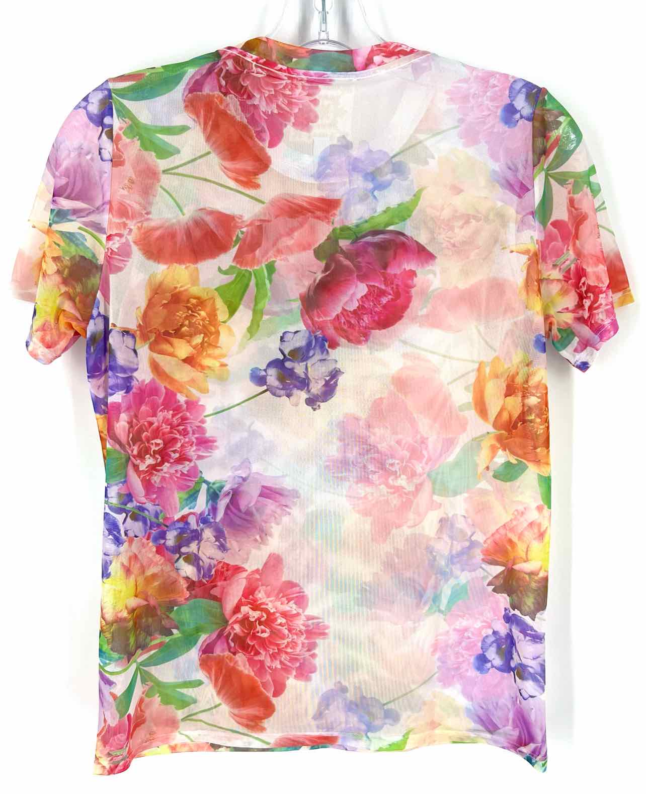 Jade by Johnny Was Size M White/Multi Mesh Floral Designer Top-Short Sleeve - Image 2