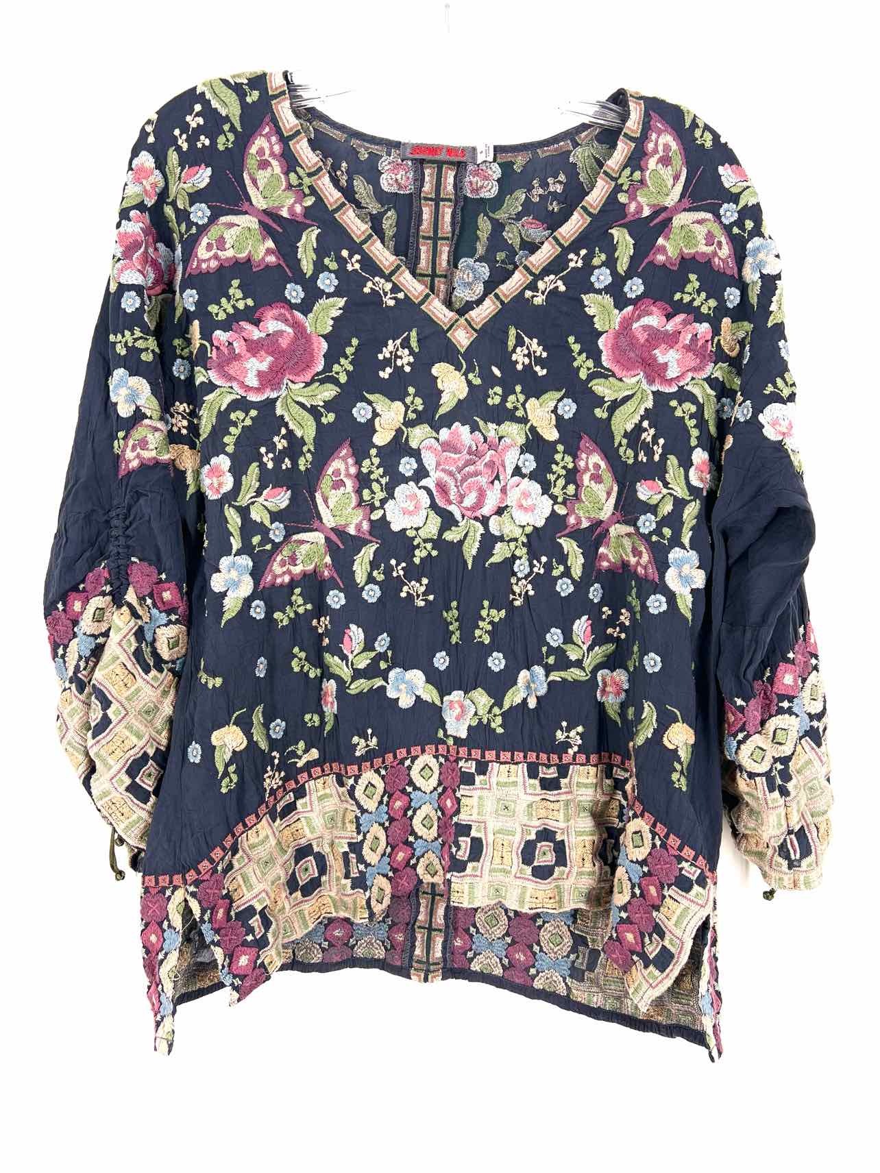 Johnny Was Size S Navy/Multi Floral Embroidered Designer Top-3/4 Sleeve