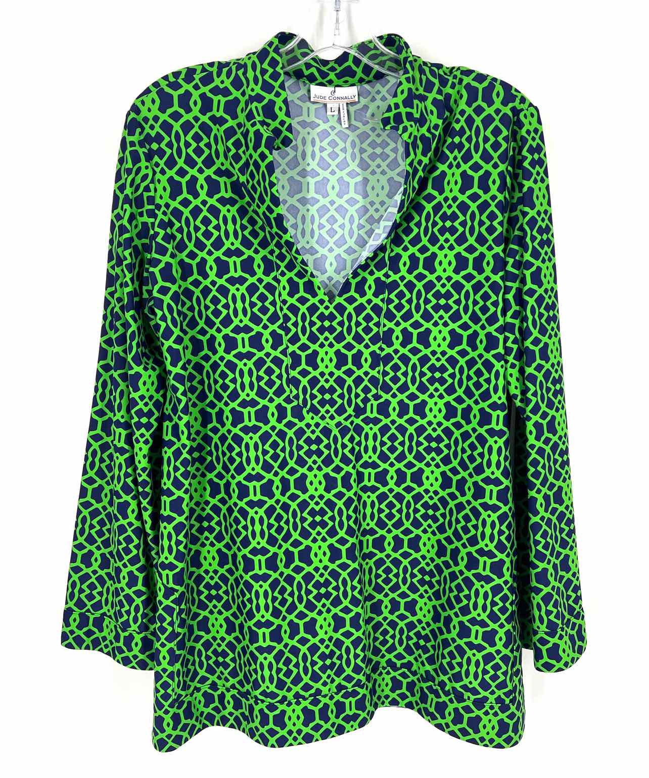 Jude Connally Size L Navy/Green Print V-Neck Tops Tunic