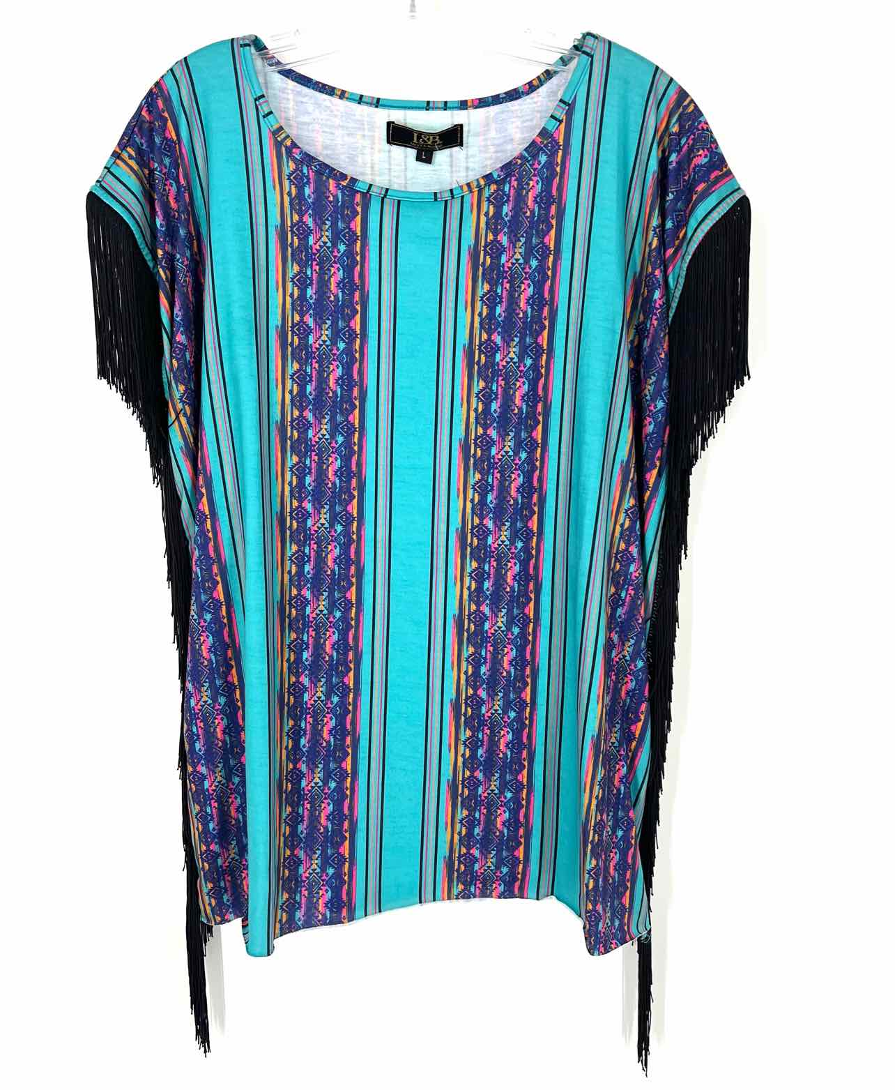 L & B Size L Turq/Multi Southwestern Fringe Tops Top-Short Sleeve