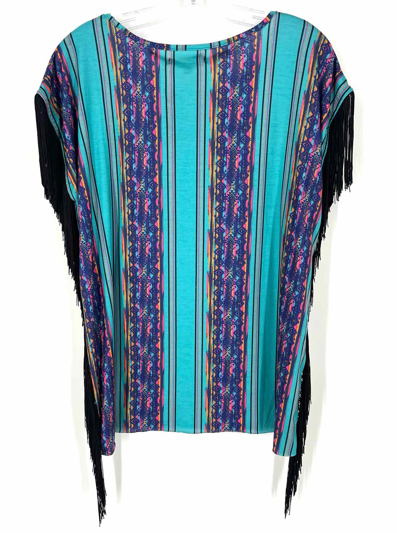 L & B Size L Turq/Multi Southwestern Fringe Tops Top-Short Sleeve - Image 2