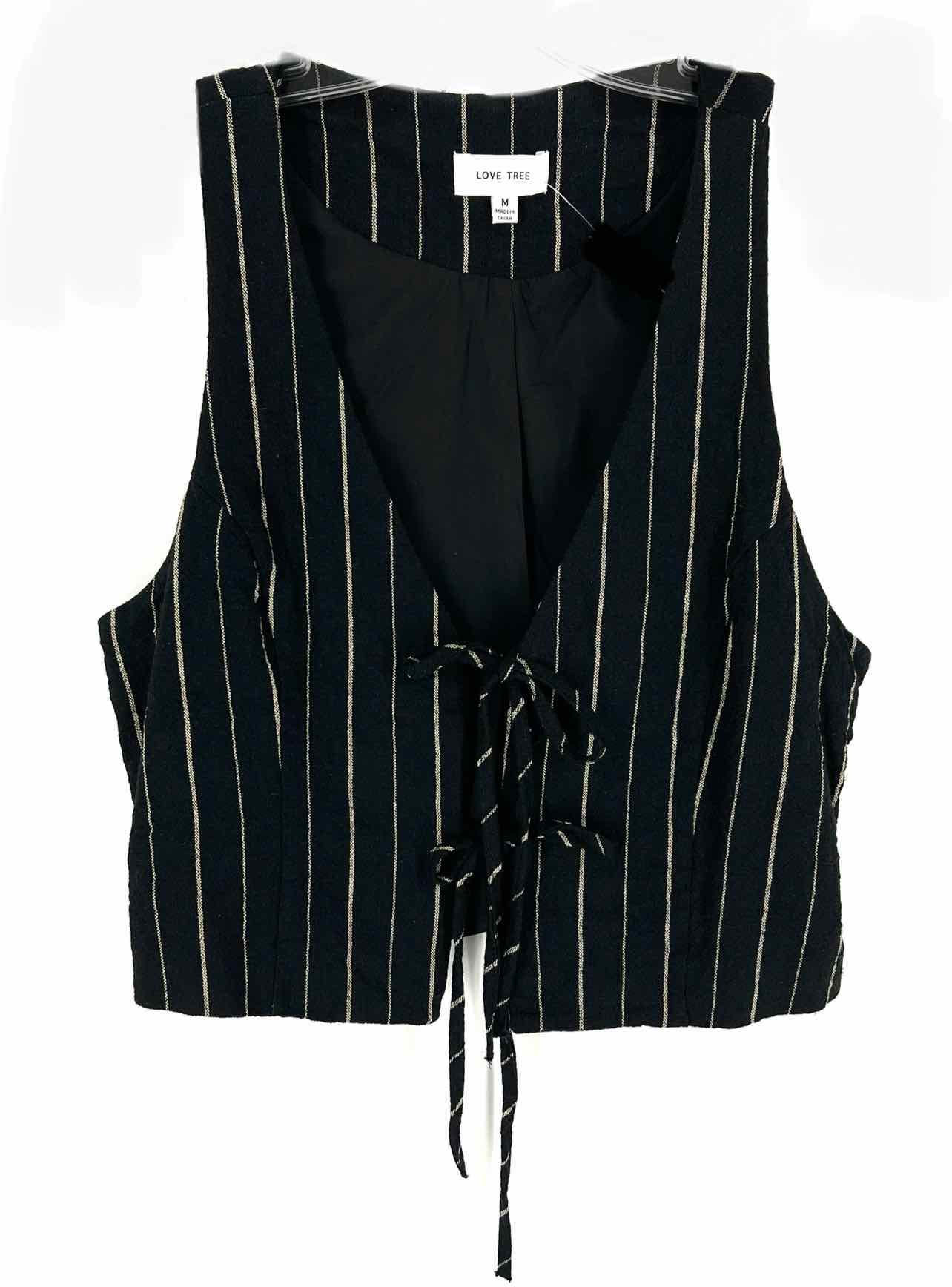 Love Tree Size M Black/Beige Stripe Tie Front Tops Top-Sleeveless