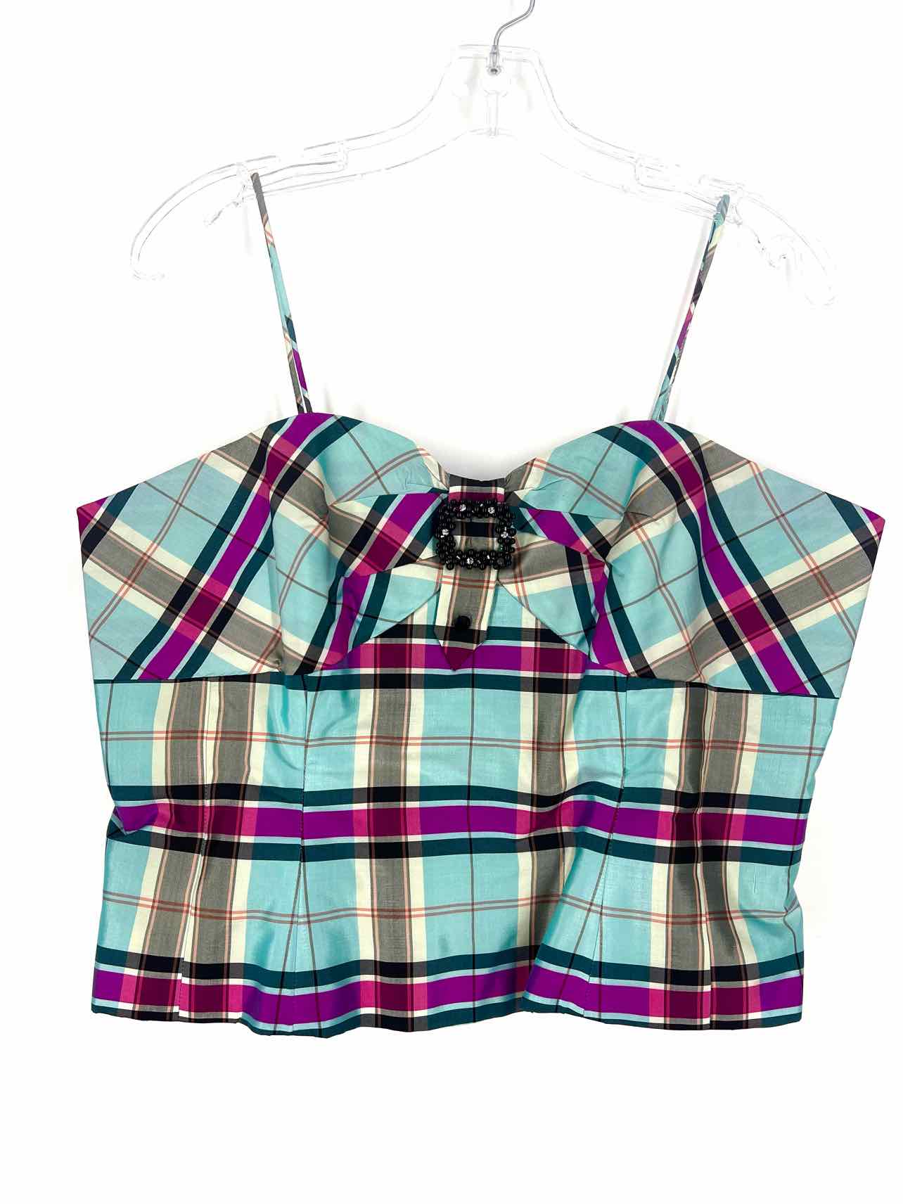 Marisa Baratelli Size 16 Turq/Multi Plaid Buckle(s) Designer Top-Sleeveless