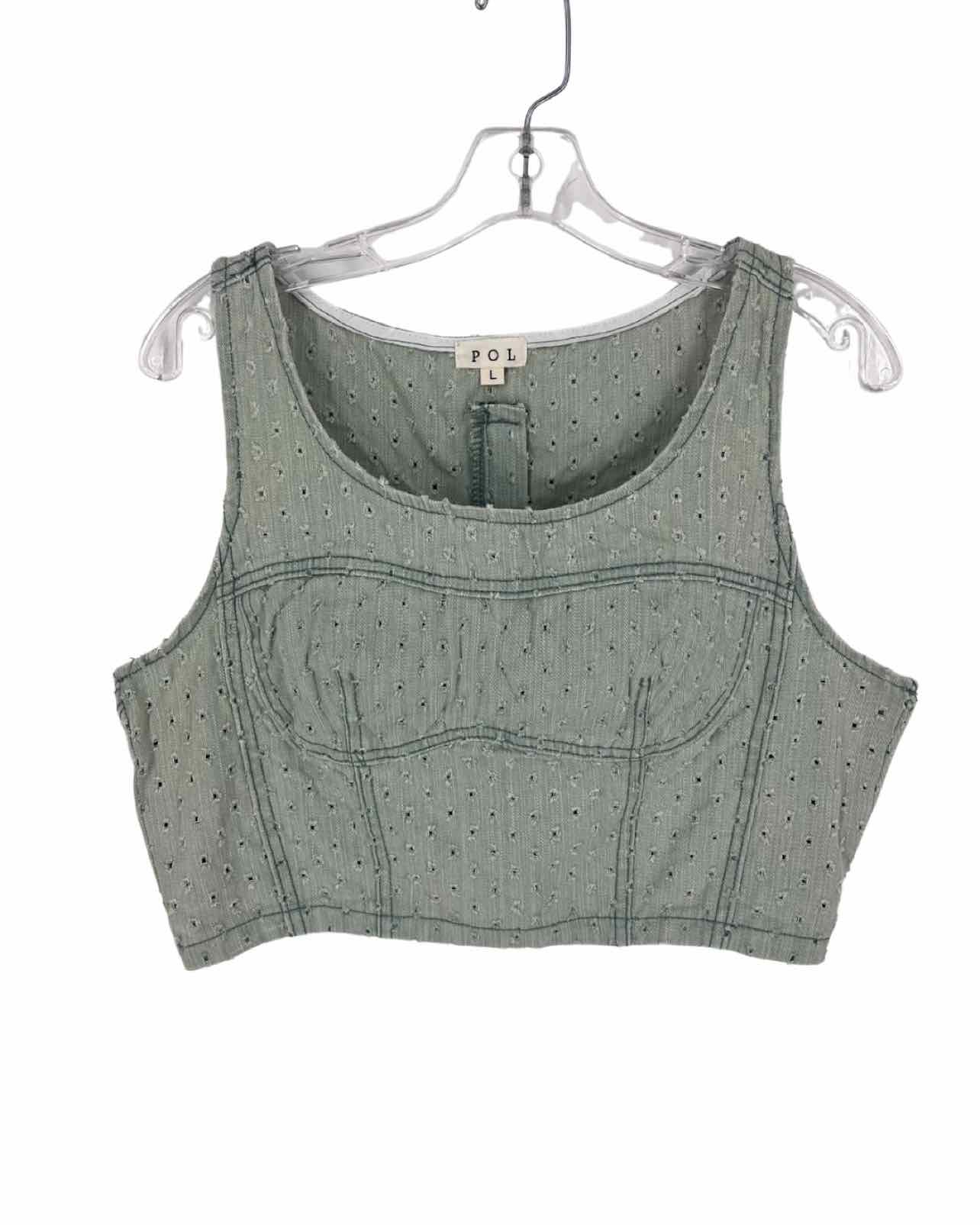 POL Size L Sage Eyelet Distressed Tops Top-Sleeveless