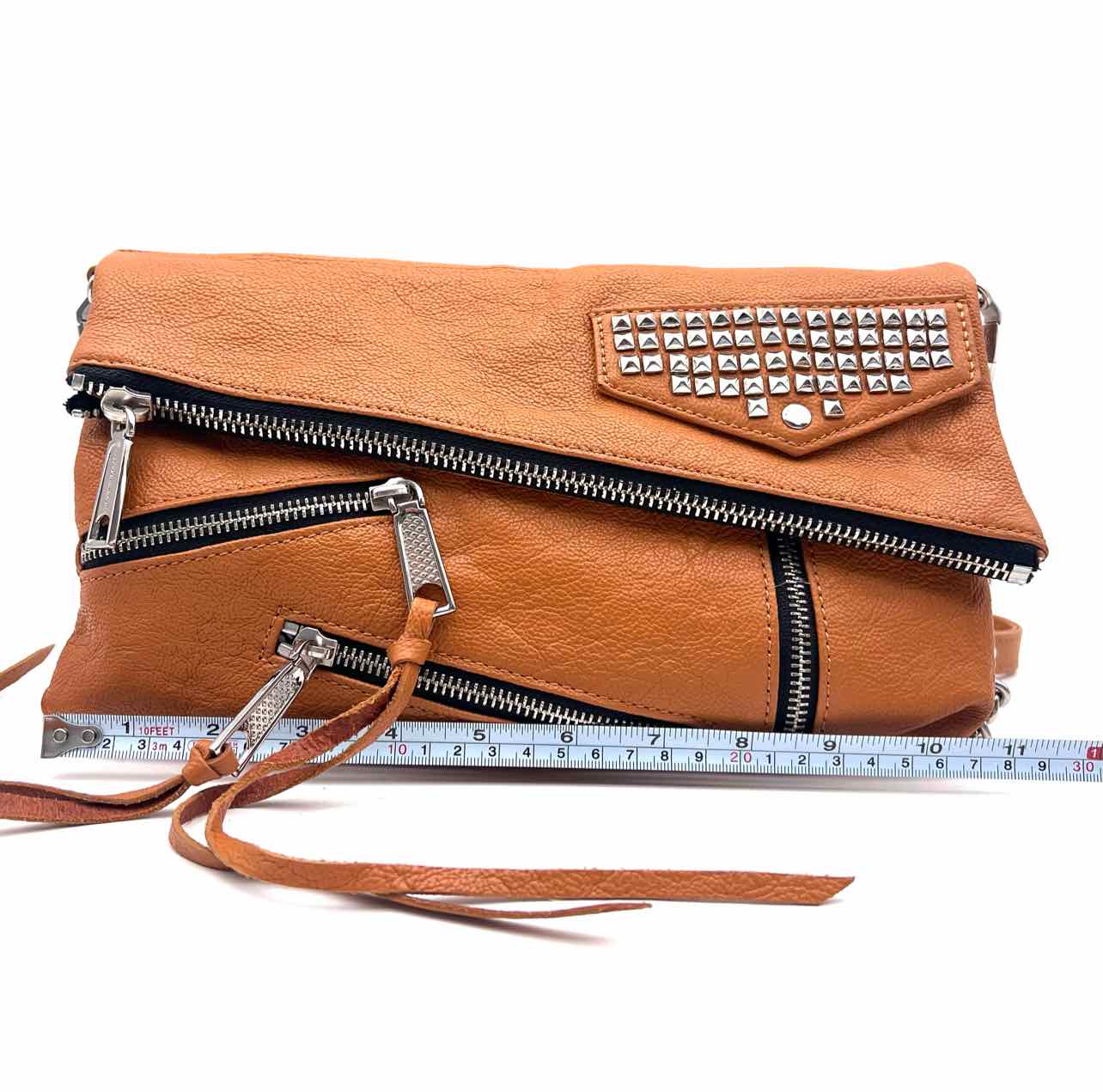 Rebecca Minkoff Tn/Bk/Silv Foldover Studded Leather AS IS Designer Crossbody - Image 12