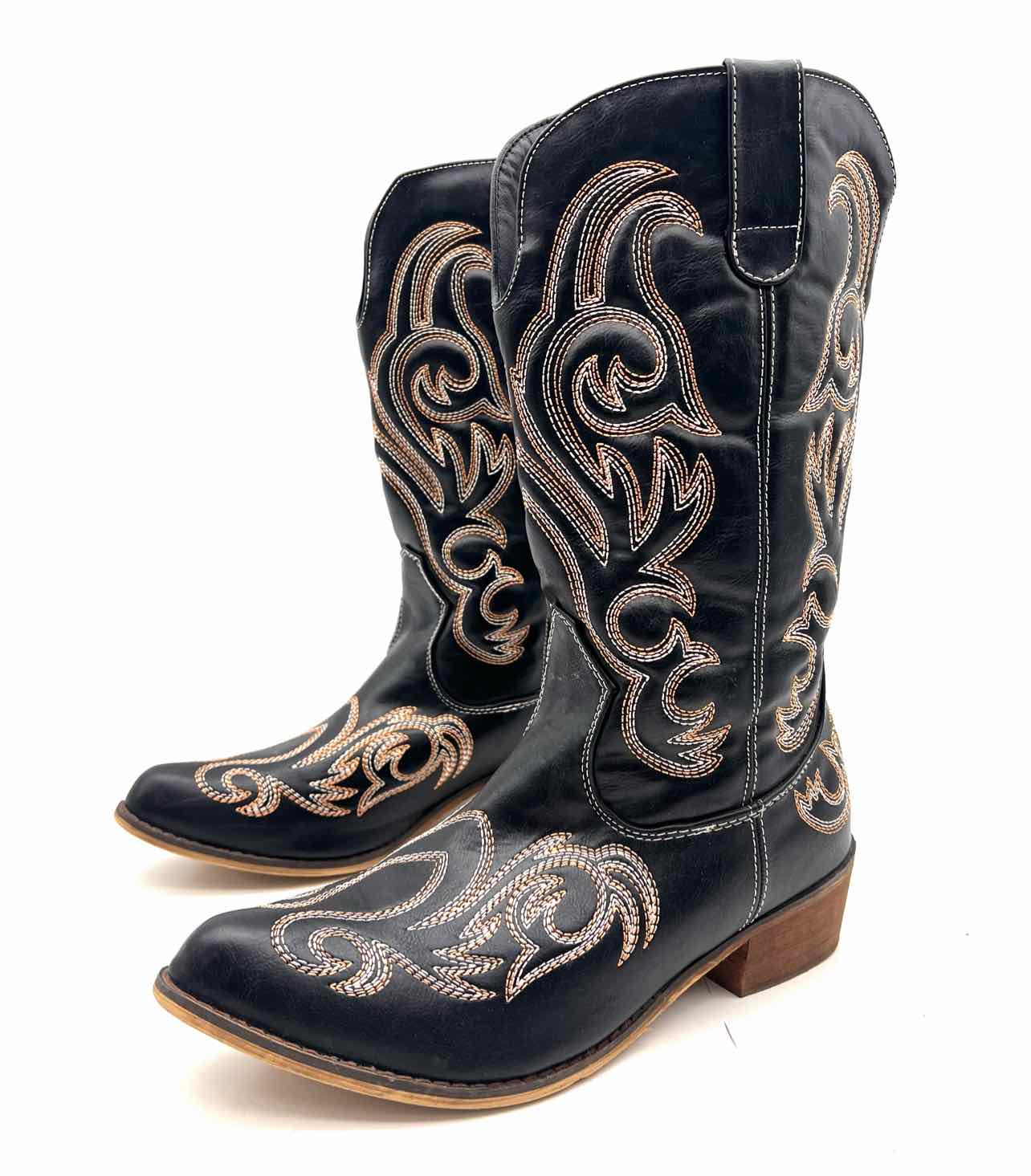 Size 10 ? Bk/Wh/Br Embroidered Faux Leather Shoes Cowboy Boots