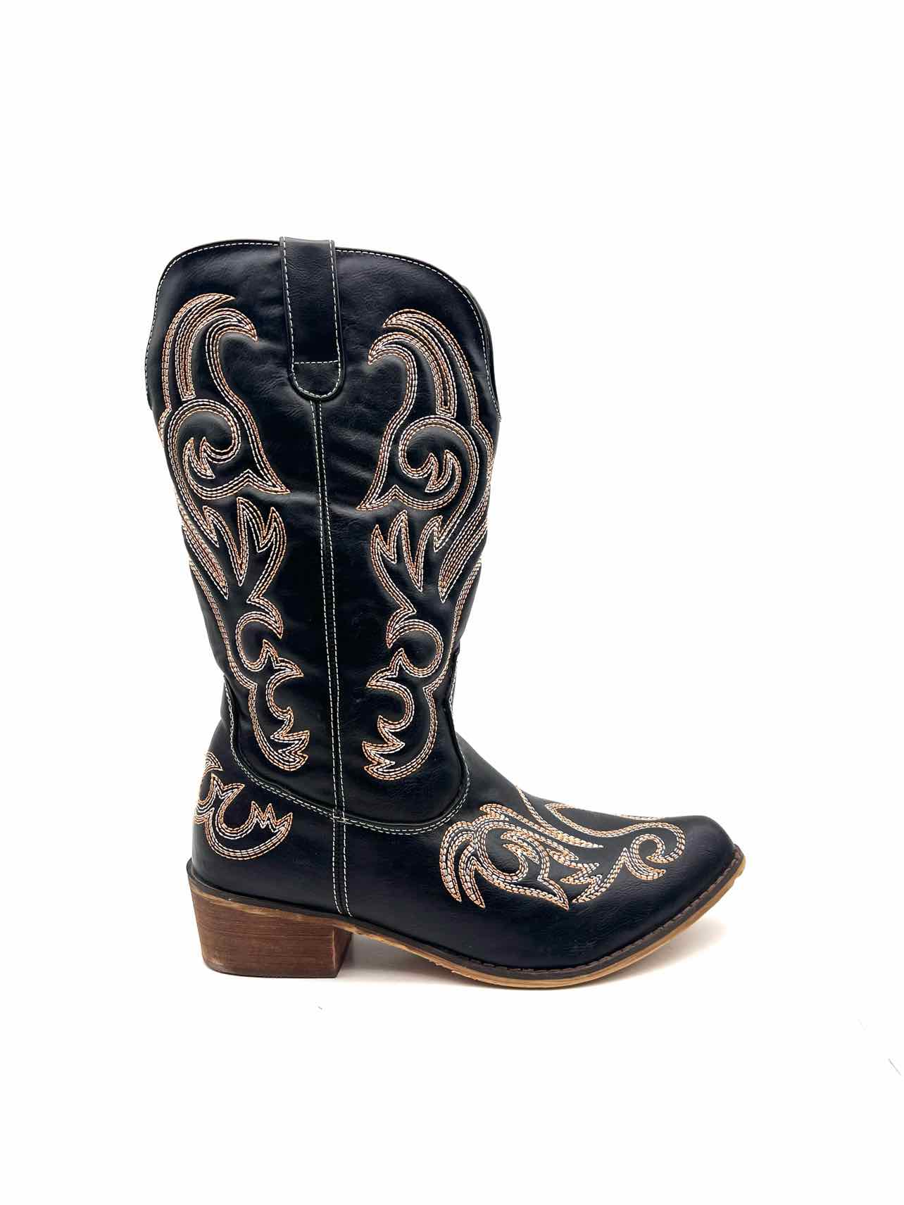 Size 10 ? Bk/Wh/Br Embroidered Faux Leather Shoes Cowboy Boots - Image 2