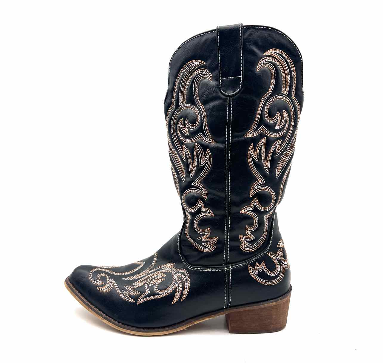 Size 10 ? Bk/Wh/Br Embroidered Faux Leather Shoes Cowboy Boots - Image 4