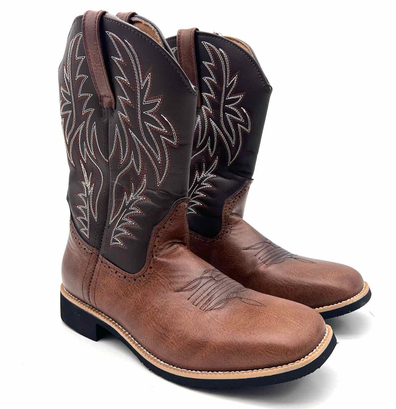 Size 8.5 Brown/White Embroidered Faux Leather Shoes Cowboy Boots