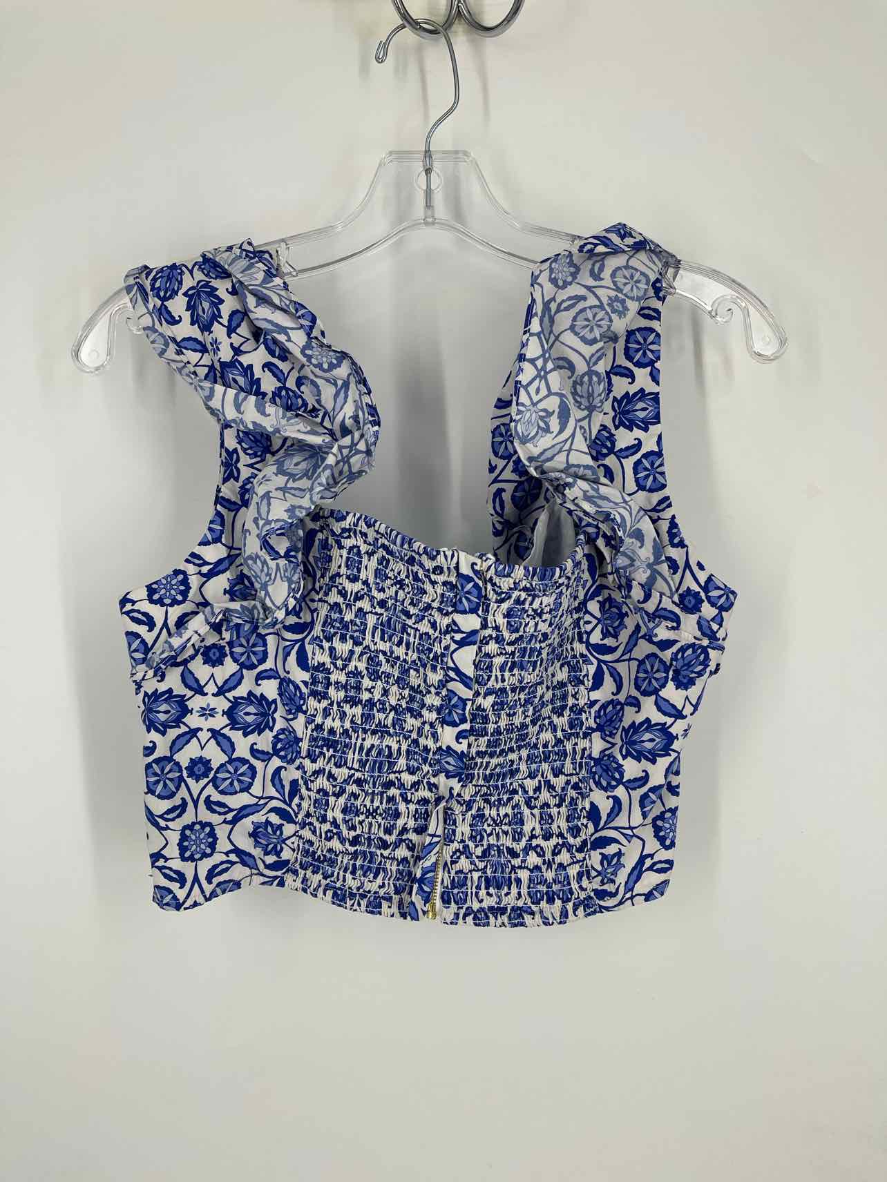 Size L White/Blue Floral Ruffle Designer Top-Sleeveless - Image 4