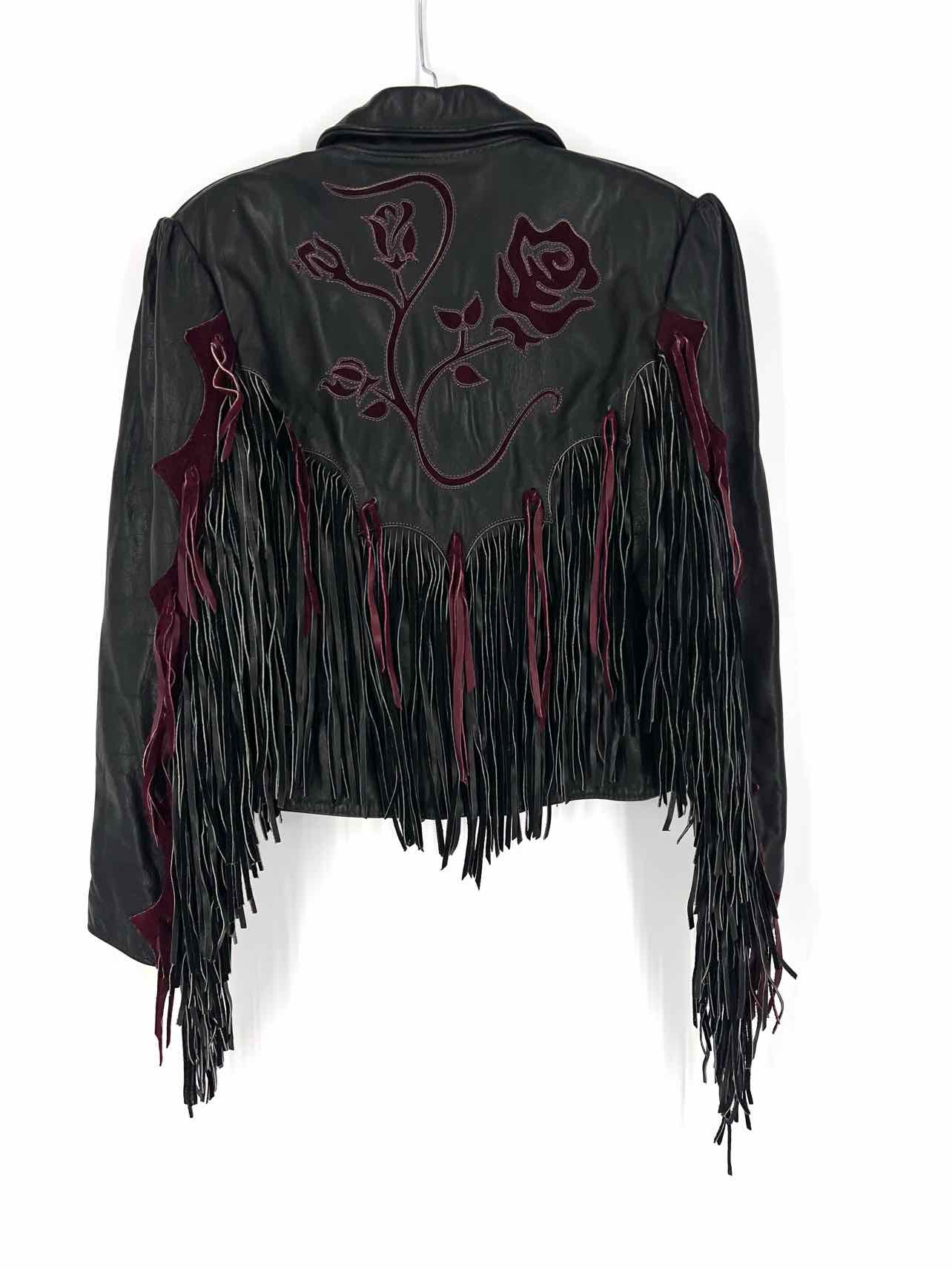 Size M ? Black/Wine Fringe Leather Designer Jacket - Image 3