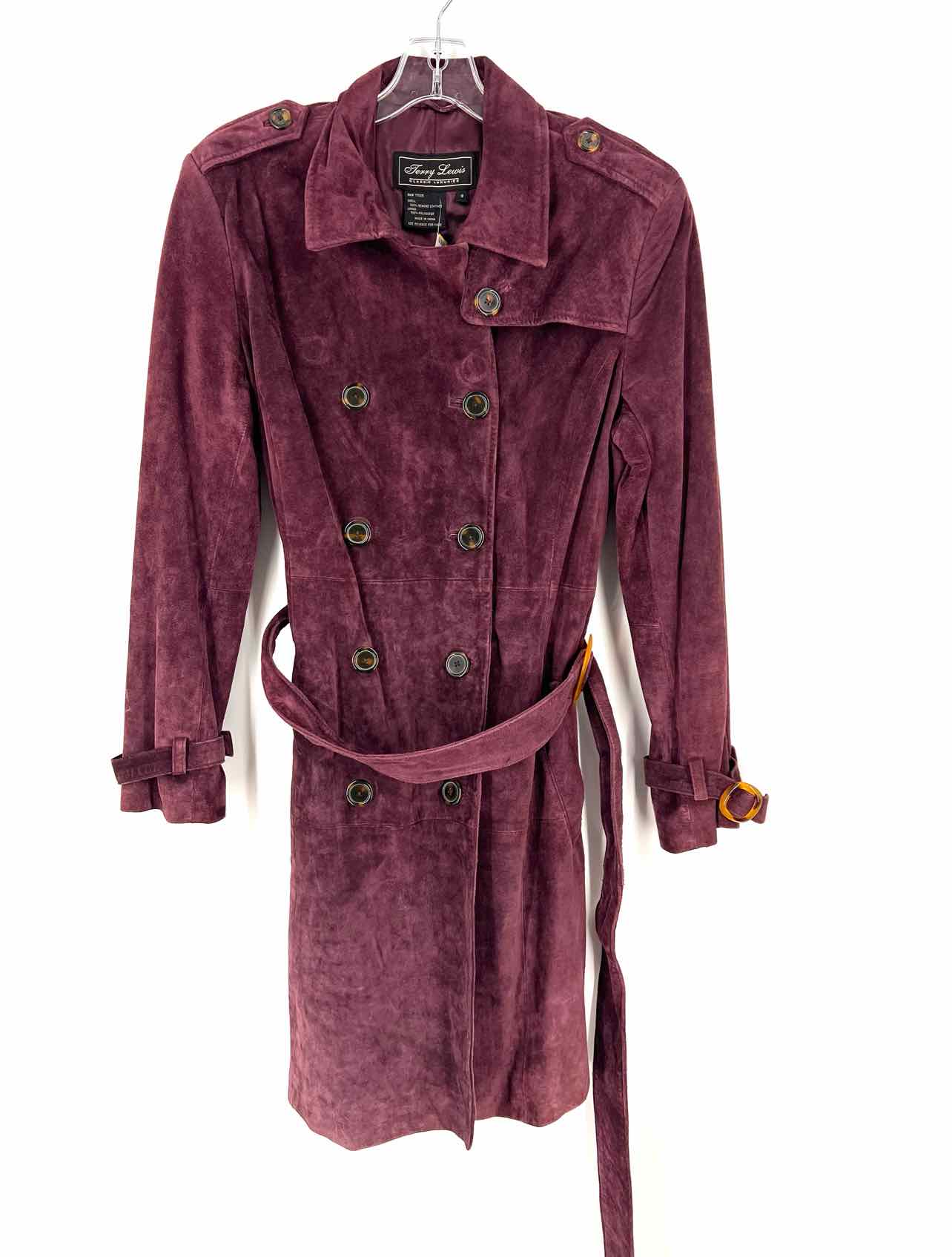 Terry Lewis Size S Plum Double Breasted Suede Belted Coats Coat