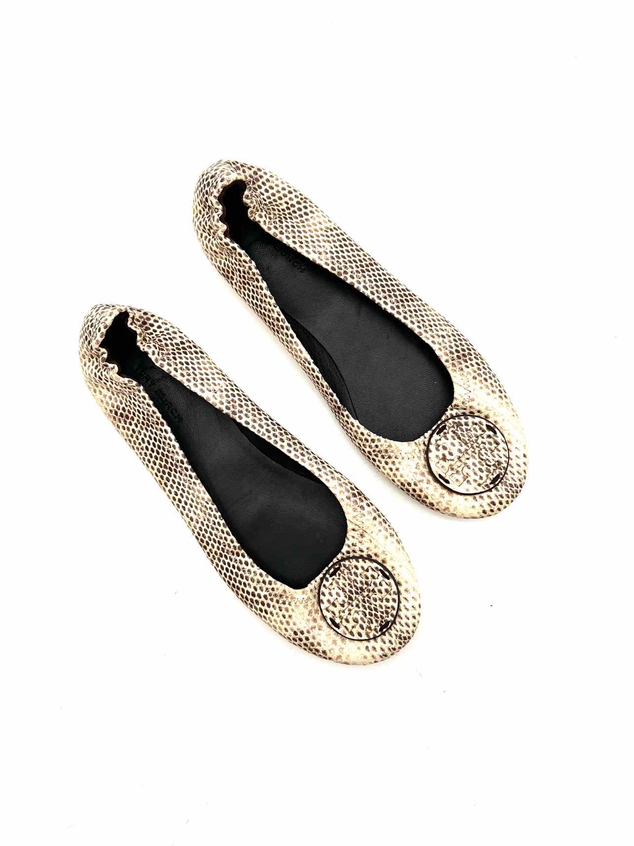 Tory Burch Size 7 Cream/Brown Reptile Leather Designer Flats