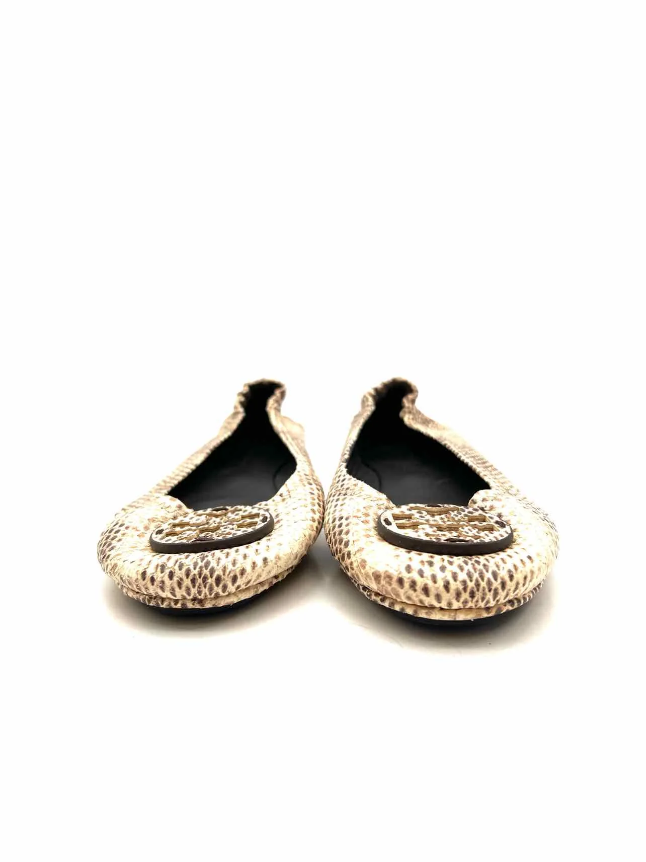 Tory Burch Size 7 Cream/Brown Reptile Leather Designer Flats - Image 2