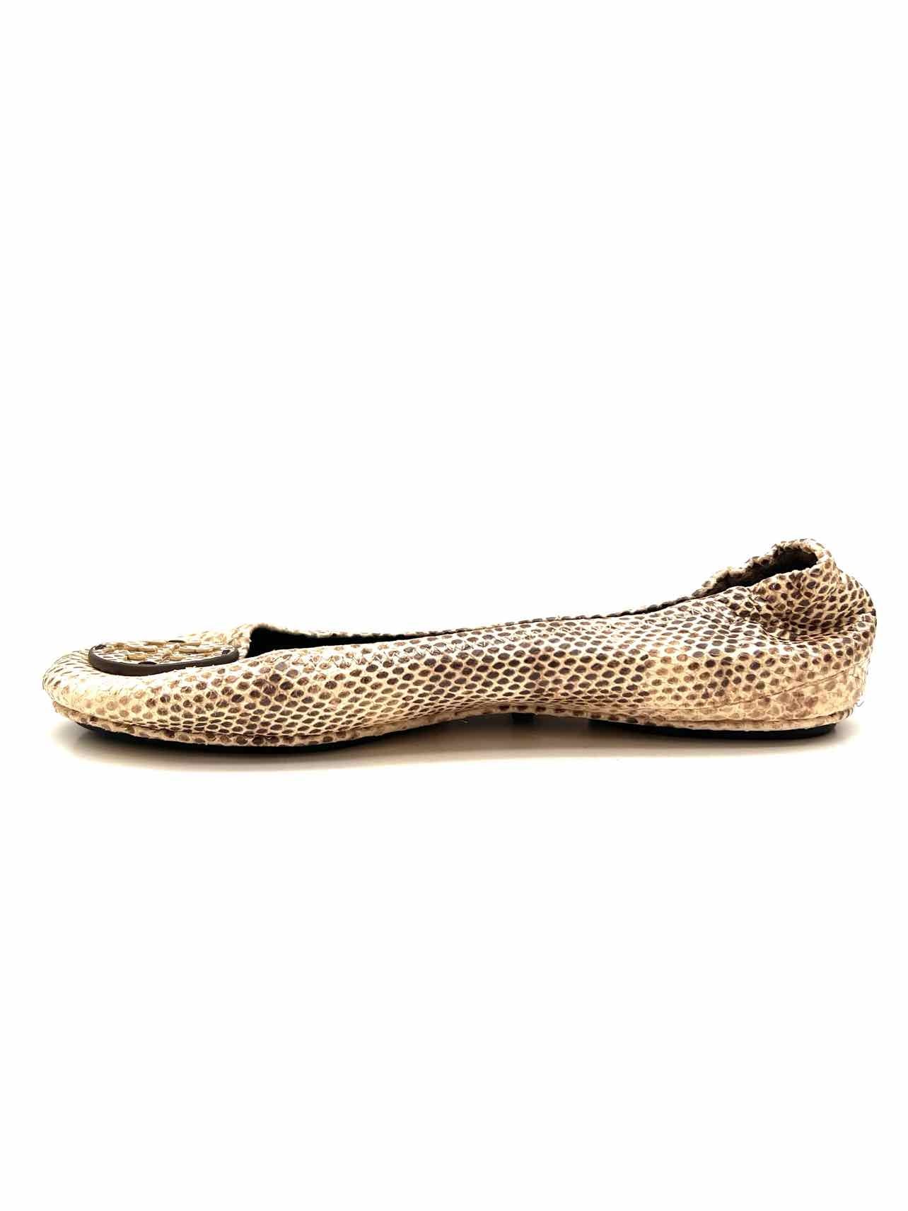 Tory Burch Size 7 Cream/Brown Reptile Leather Designer Flats - Image 4