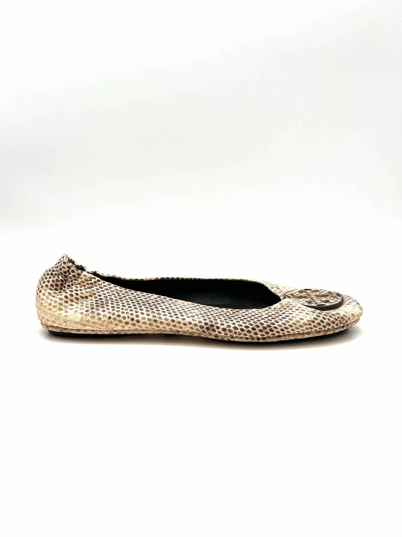 Tory Burch Size 7 Cream/Brown Reptile Leather Designer Flats - Image 5