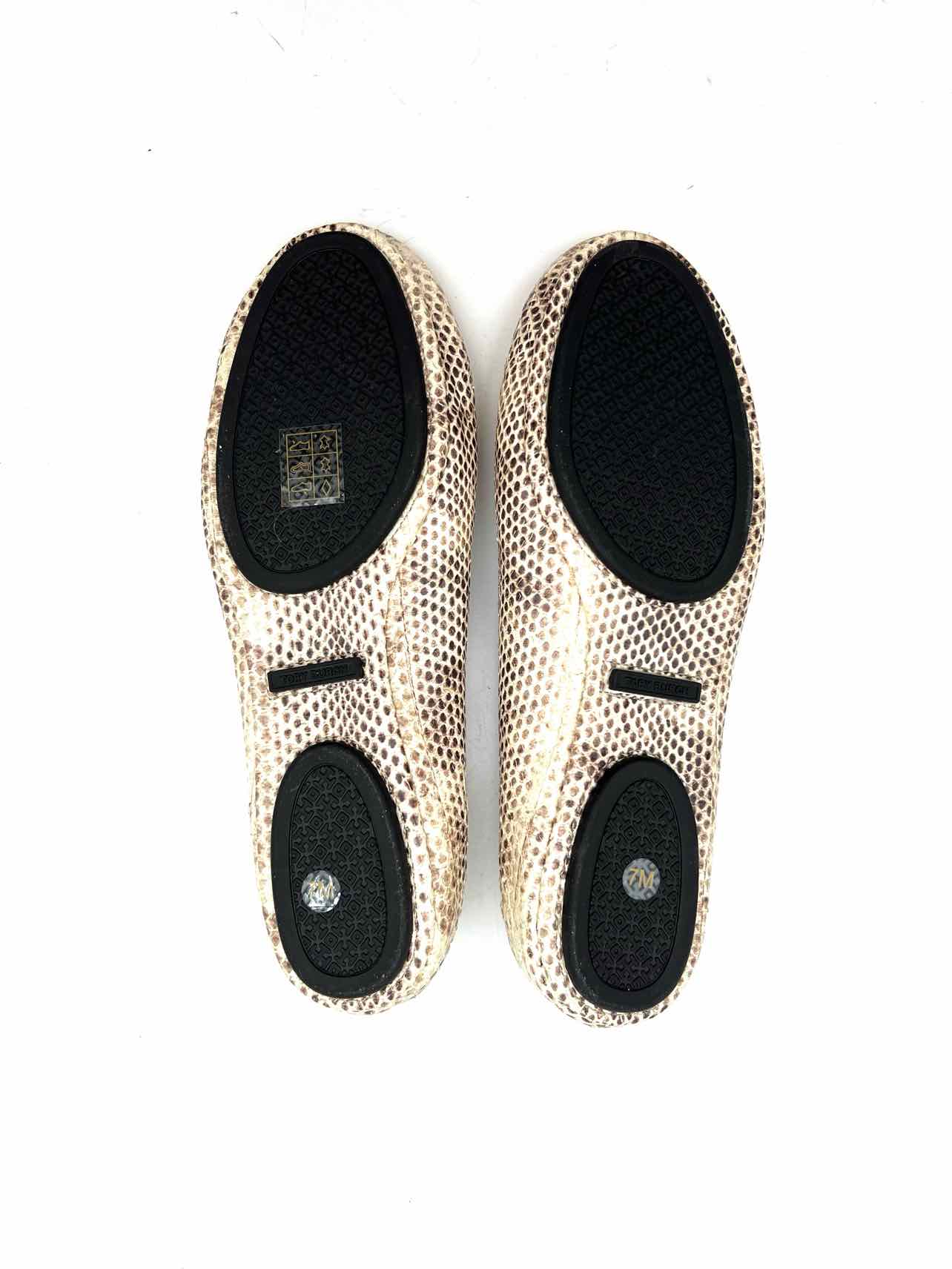 Tory Burch Size 7 Cream/Brown Reptile Leather Designer Flats - Image 6