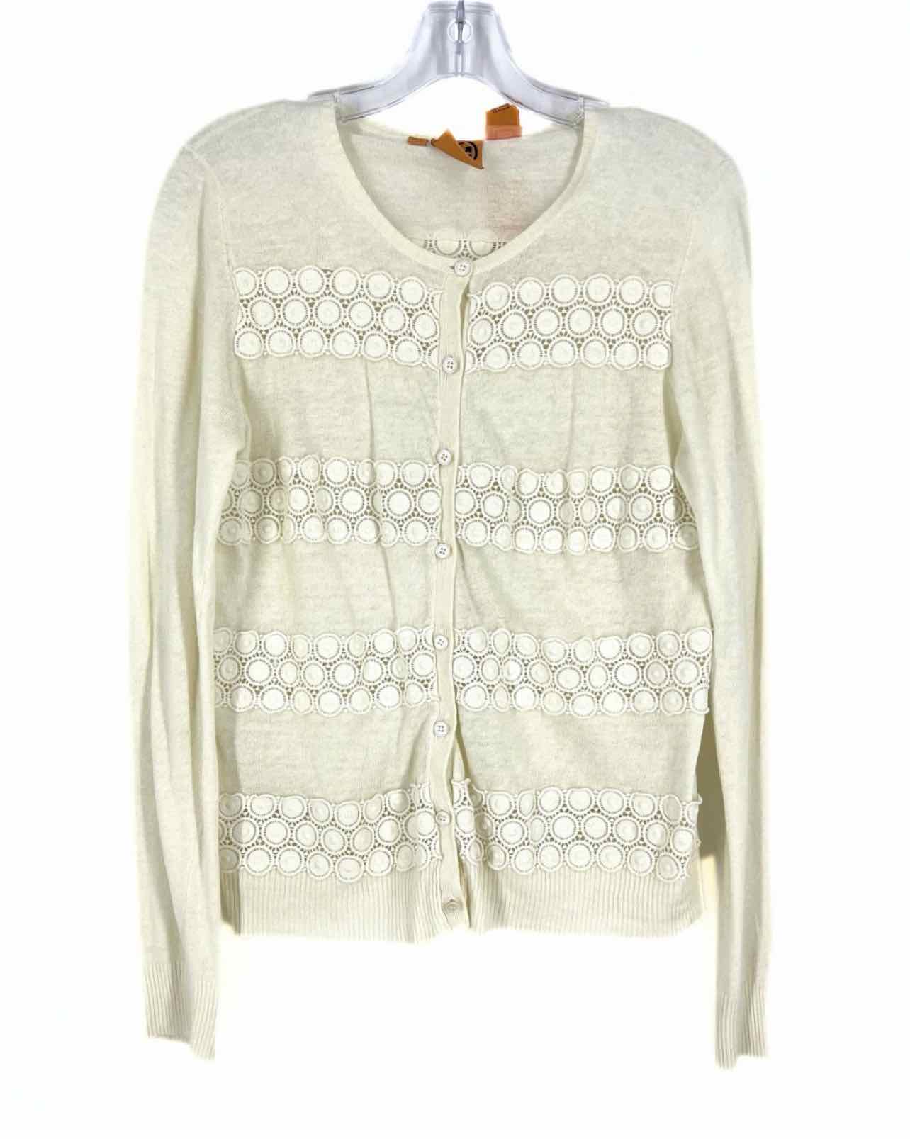 Tory Burch Size L Ivory Crochet Panel Knit Designer Cardigan