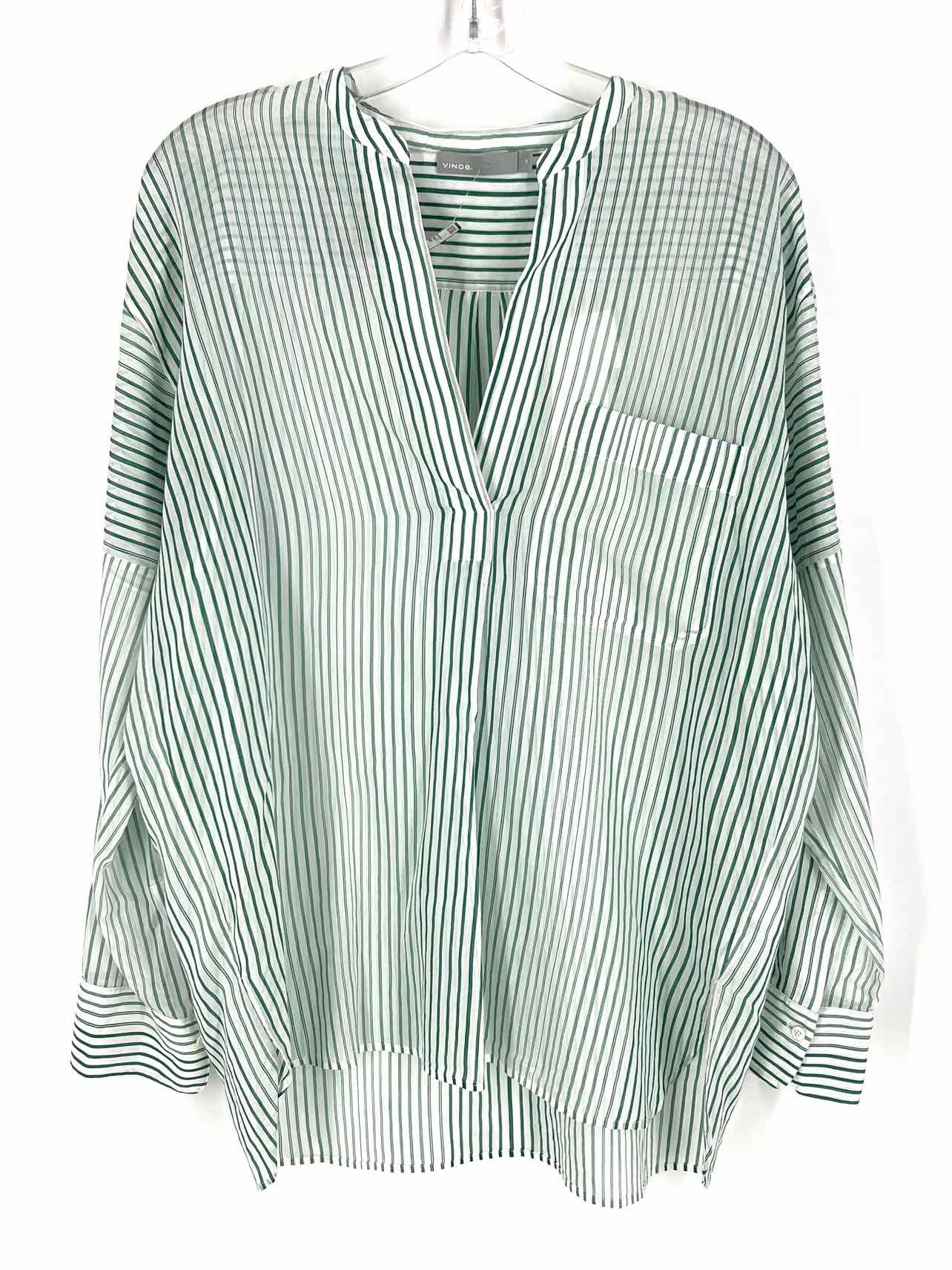 Vince Size M White/Green Stripe Cotton/Silk NEW Designer Top-Long Sleeve