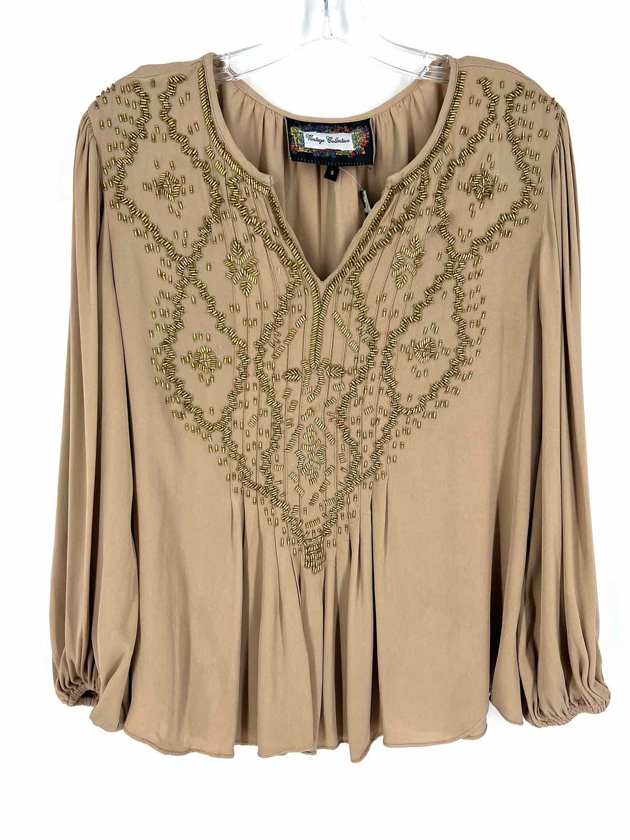 Vintage Collection Size S Taupe/Gold Beaded Designer Top-Long Sleeve