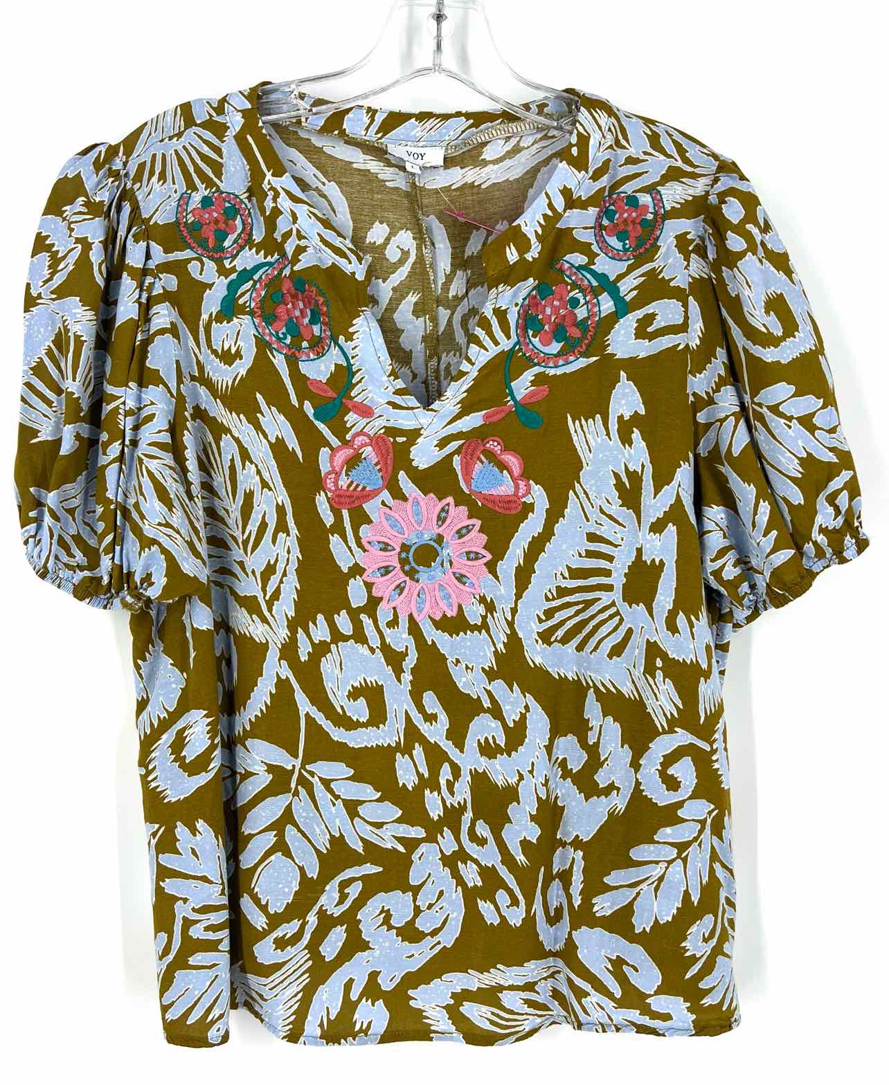 Voy Size L Olive/Multi Print Embroidered Tops Top-Short Sleeve